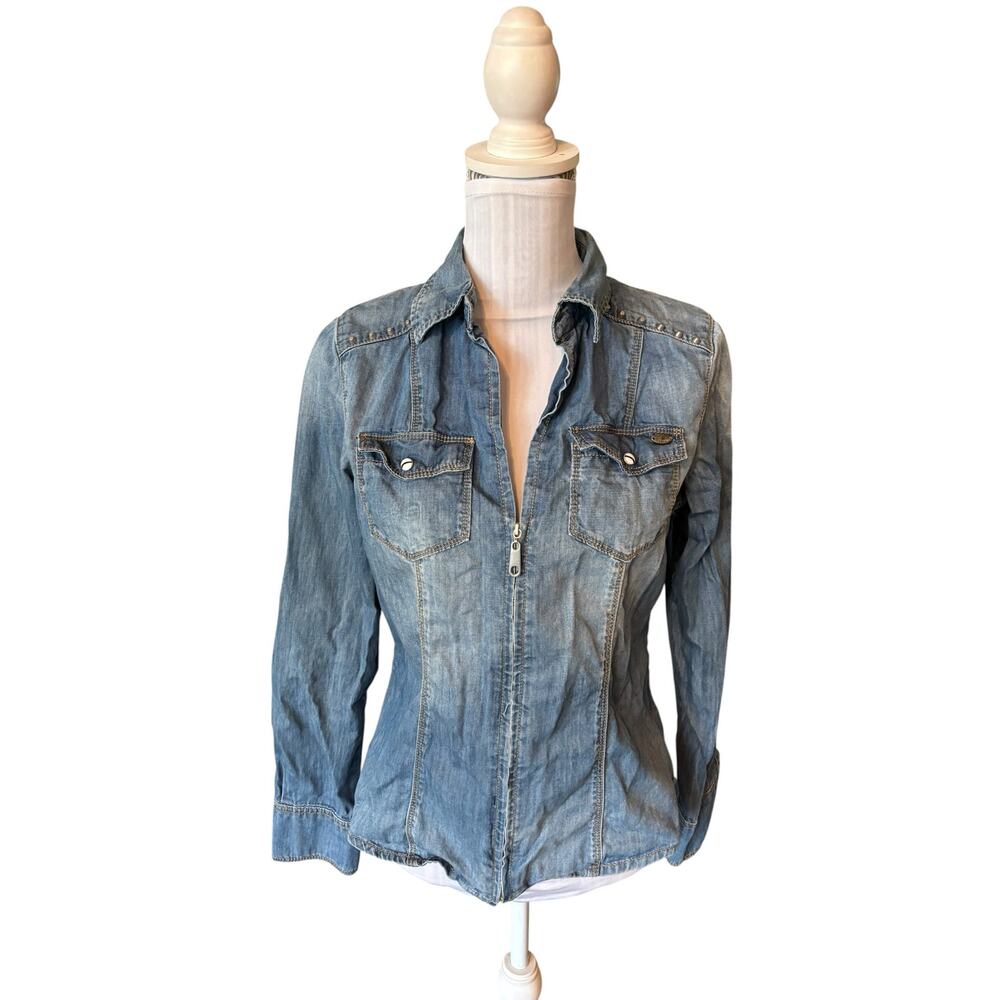 Geisha Women's Fitted Denim Zip-Front Shirt Size M Western